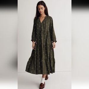 Madewell tie-neck tiered midi dress in stardot, M